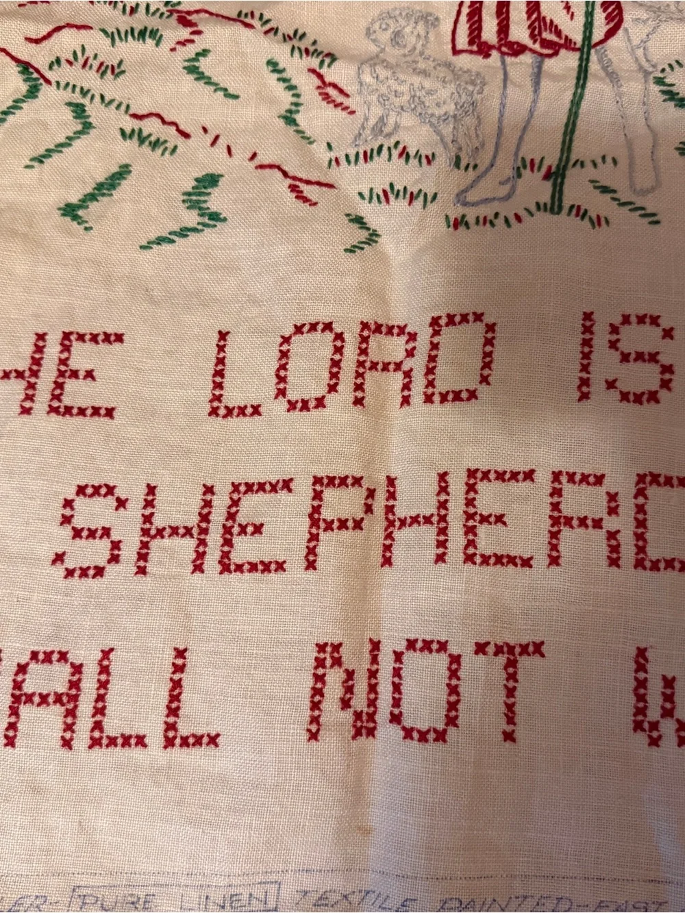 Vintage Belgian Linen Cross Stitch Sampler The Lord Is My Shepherd Art